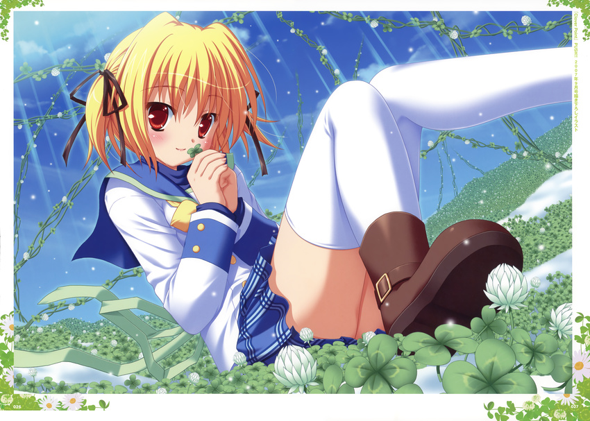 absurdres blonde_hair clover clover_point four-leaf_clover highres huge_filesize legs red_eyes school_uniform sitting solo takanashi_yaya thighhighs two_side_up white_legwear yuyi