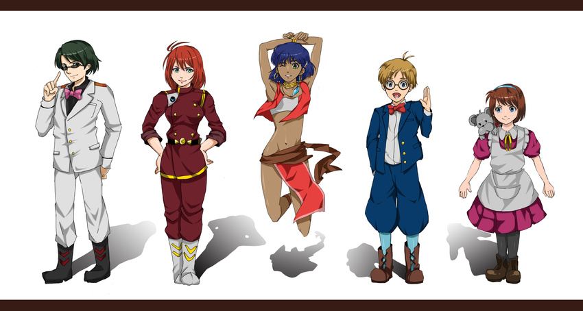 3girls akio_(akio1124) antenna_hair armpits arms_behind_head arms_up bad_id bad_pixiv_id blue_eyes bob_cut boots bow bowtie bracelet brown_hair dark_skin dress earrings formal fushigi_no_umi_no_nadia glasses grandis_granva green_eyes green_hair hair_ornament hairband hairclip hands_on_hips highres hoop_earrings jacket jean_coq_de_raltigue jewelry jumping king_(nadia) light_smile lion loincloth marie_en_carlsberg midriff military military_uniform multiple_boys multiple_girls nadia neck_ring necklace no_panties one_eye_closed pantyhose petticoat pointing pointing_up purple_hair red_hair sanson short_hair smile strapless suit sunglasses tubetop uniform vest waving