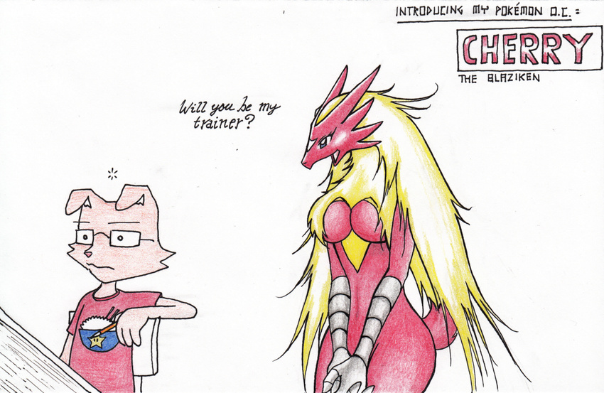 blaziken blue_eyes breasts cherry_(character) clasped_hands clothing eyewear female glasses hair hands_clasped long_hair male nintendo o~o pencil pok&#233;mon pok&eacute;mon red red_body ricedawg shirt sitting video_games