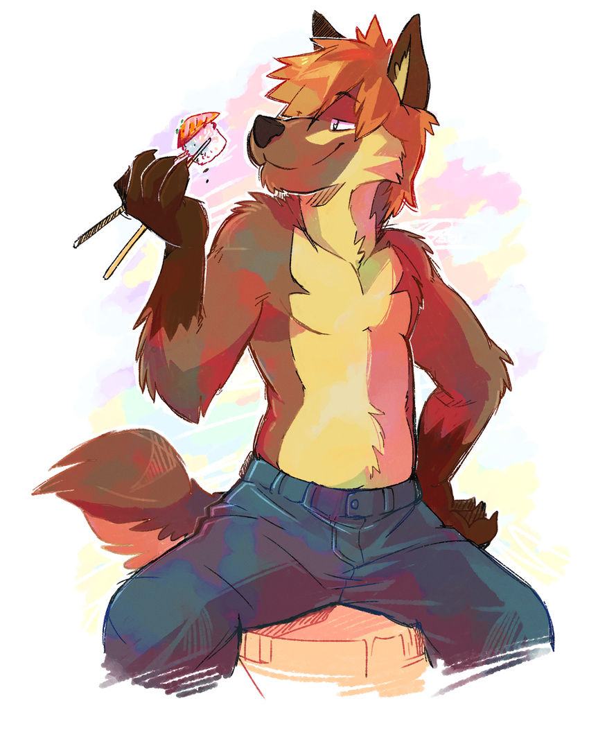 brown_claws brown_nose canine chopsticks clothing dog eating food hair hand_on_hip jeans male mammal markings orange_hair pants plain_background sitting smile socks_(marking) solo super-tuler sushi tail topless white_background