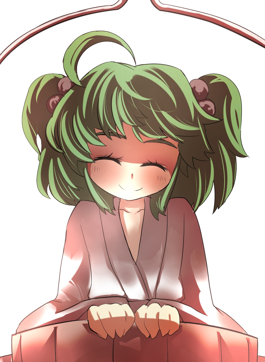 blush bucket closed_eyes collarbone commentary commentary_request gaoo_(frpjx283) hair_bobbles hair_ornament highres in_bucket in_container japanese_clothes kimono kisume short_hair smile solo too_bad!_it_was_just_me! touhou wooden_bucket