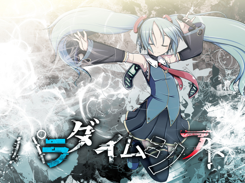armpits closed_eyes detached_sleeves hatsune_miku headphones highres jumping long_hair microphone murasin necktie outstretched_arms skirt solo spread_arms thighhighs twintails very_long_hair vocaloid