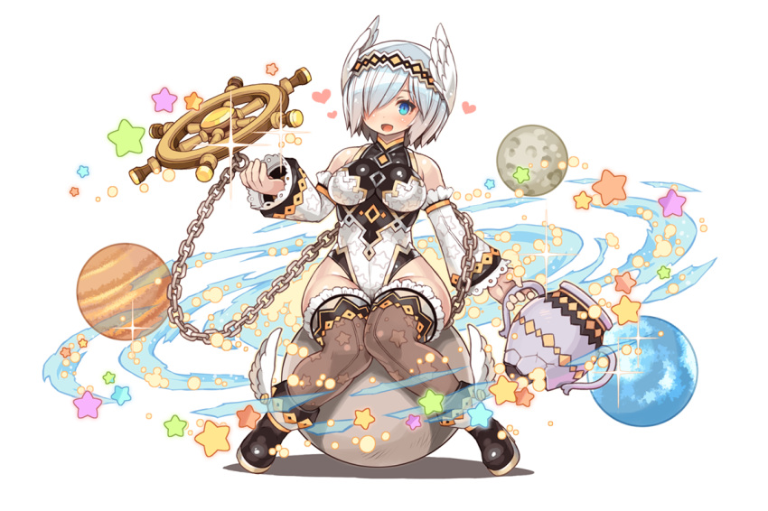 1girl blue_eyes broken chains detached_sleeves full_body fullbokko_heroes hair_over_one_eye hairband holding jar official_art open_mouth planet shigatake ship's_wheel shoes short_hair sitting solo star star_print thighhighs transparent_background white_hair winged_shoes wings