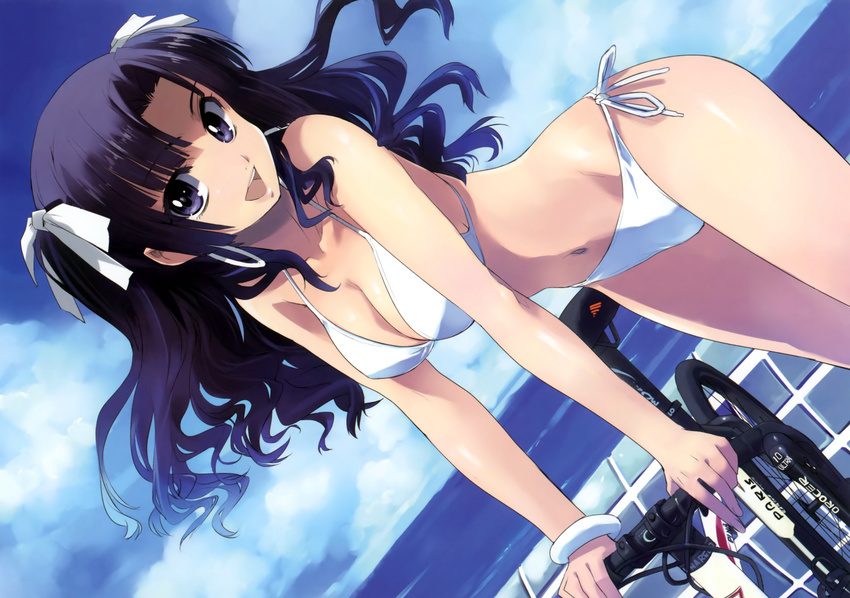 arm_support bicycle bikini black_eyes black_hair day dutch_angle ground_vehicle hair_ribbon highres kamikura_fuyune long_hair matsumoto_noriyuki minami-kamakura_koukou_joshi_jitensha-bu navel ocean open_mouth outdoors ribbon side-tie_bikini solo swimsuit water white_bikini wristband