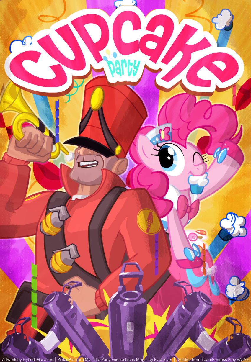 cupcake english_text equine female friendship_is_magic grenade hair hat horn horse human hybrid-masakari male mammal my_little_pony pink_hair pinkie_pie_(mlp) pony ranged_weapon soldier_(team_fortress_2) team_fortress_2 text weapon