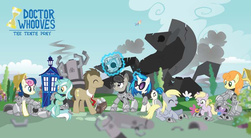 amber_eyes armor blonde_hair blue_hair bonbon_(mlp) brown_hair bubble bubbles carrot_top_(mlp) cloud crossover cutie_mark derpy_hooves_(mlp) dinky_hooves_(mlp) doctor_whoof_(mlp) doctor_whooves_(mlp) equine eyewear female feral flower fluttershy_(mlp) friendship_is_magic grass green_eyes hair hi_res horn horse hourglass long_hair lyra_(mlp) lyra_heartstrings_(mlp) machine magic mammal mane mechanical multi-colored_hair my_little_pony necktie octavia_(mlp) outside parasprite_(mlp) pegasus pony purple_eyes rainbow_dash_(mlp) road science short_hair sky smoke sunglasses tail tardis teal_eyes tree trotsworth unicorn village vinyl_scratch_(mlp) wings wood