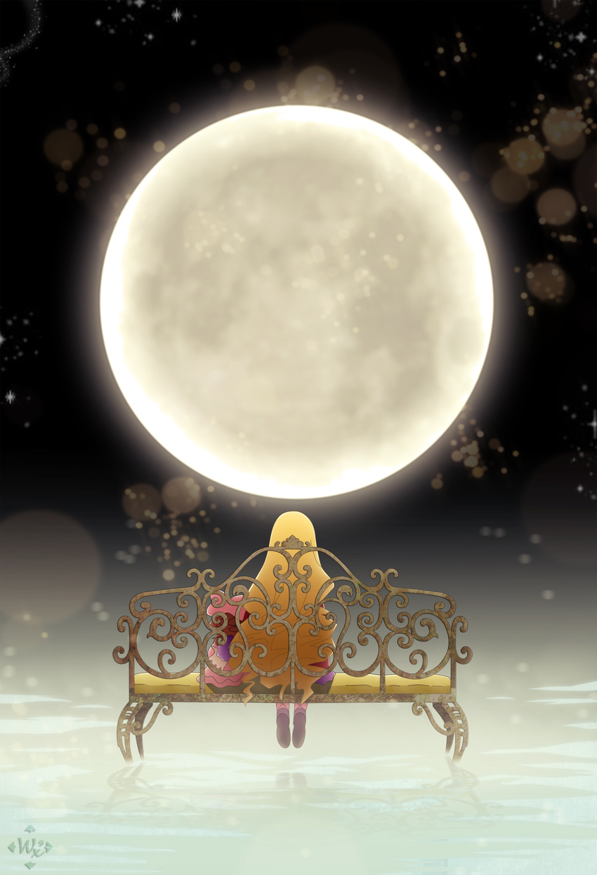 bench blonde_hair doll from_behind full_moon highres kami_nomi_zo_shiru_sekai kujou_tsukiyo long_hair luna_(kaminomi) moon moonlight von-cx