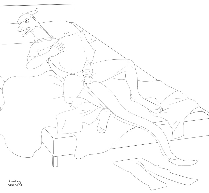 2018 anthro balls belly big_belly bottomless clothed clothing digital_media_(artwork) dragon erection hi_res inside levy_(longlevy) longlevy lying male male_pred masturbation monochrome on_back oral_vore penile_masturbation penis reptile scalie signature simple_background sketch solo tongue tongue_out vore white_background