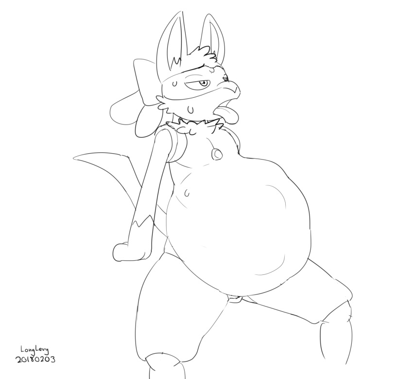 2018 belly big_belly canine digital_media_(artwork) hi_res impregnation longlevy lucario mammal monochrome nintendo pok&eacute;mon pok&eacute;mon_(species) pregnant pussy shugowah_(character) signature simple_background sitting sketch solo tongue tongue_out video_games white_background