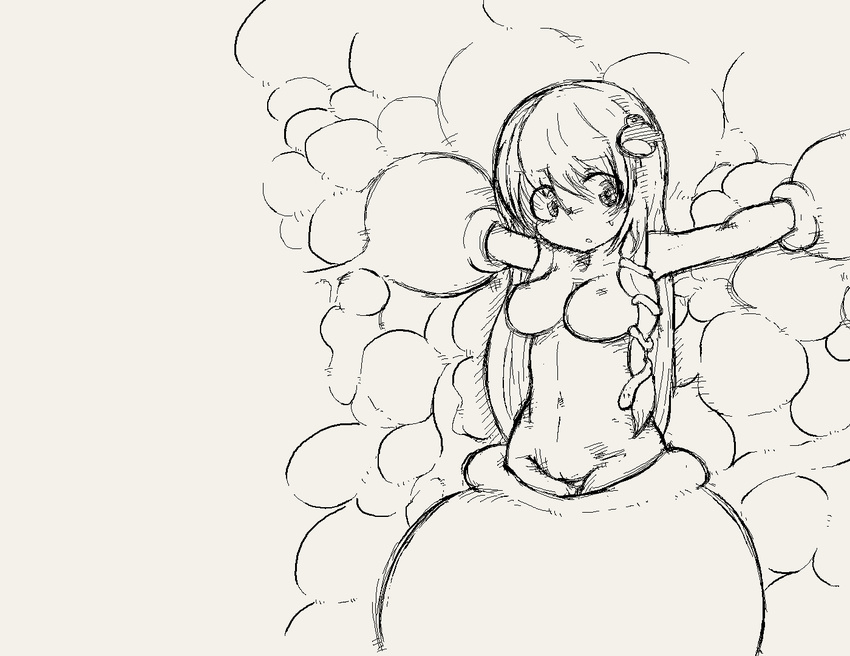 :o bad_id bad_pixiv_id bdsm bondage bound breasts carnivorous_plant cleavage fat_mons kochiya_sanae large_breasts long_hair looking_away monochrome nervous nipples nude omage_(hito) outstretched_arms pitcher_plant plant pussy simple_background sketch solo spread_arms suspension touhou very_long_hair vore