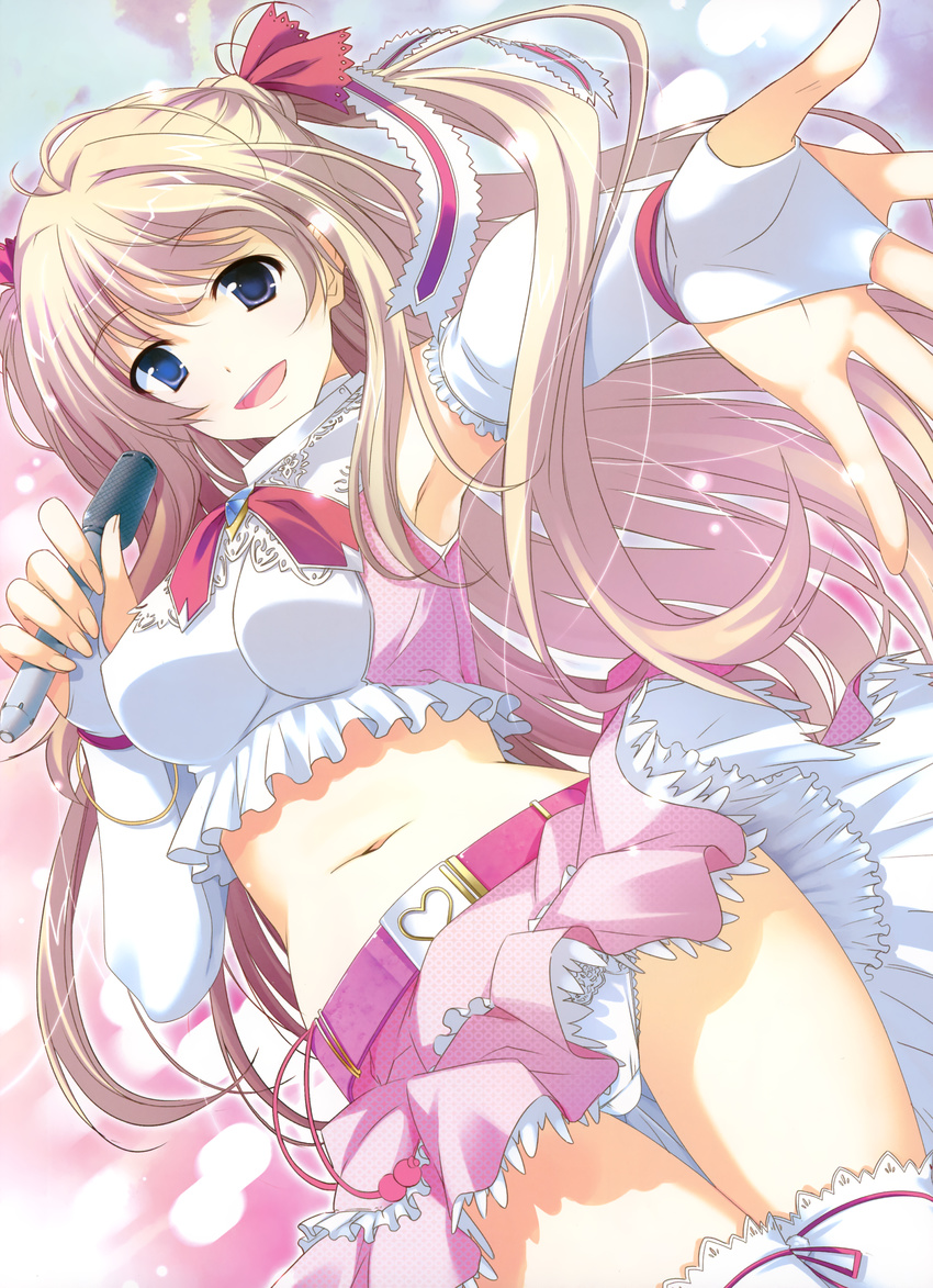 absurdres armpits arms_up ayakaze_ryuushou belt blonde_hair blue_eyes breasts bridal_gauntlets dengeki_moeou detached_sleeves heart highres idol long_hair medium_breasts microphone midriff navel panties pink_skirt skirt smile thigh_gap thighhighs two_side_up underwear white_legwear white_panties