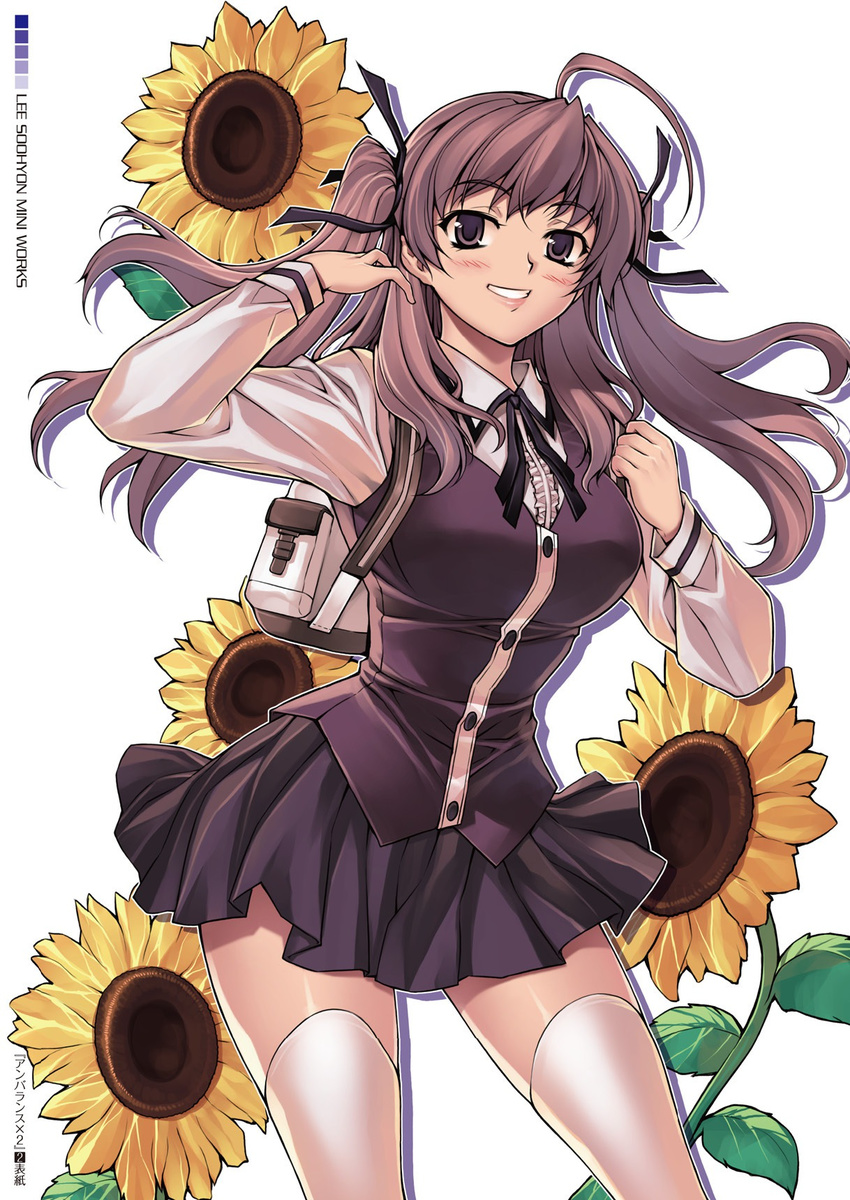 ahoge backpack bag blush flower grin ha_ji-soo hair_ribbon highres long_hair pleated_skirt purple_eyes purple_hair ribbon school_uniform skirt smile solo soo-hyon_lee sunflower thighhighs twintails two_side_up unbalance_unbalance vest white_legwear zettai_ryouiki