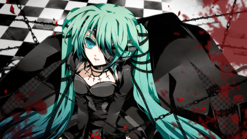 akatsuki_yakyou barbed_wire chain checkered checkered_floor cross dress eyepatch green_eyes green_hair hatsune_miku highres jewelry long_hair necklace solo twintails very_long_hair vocaloid