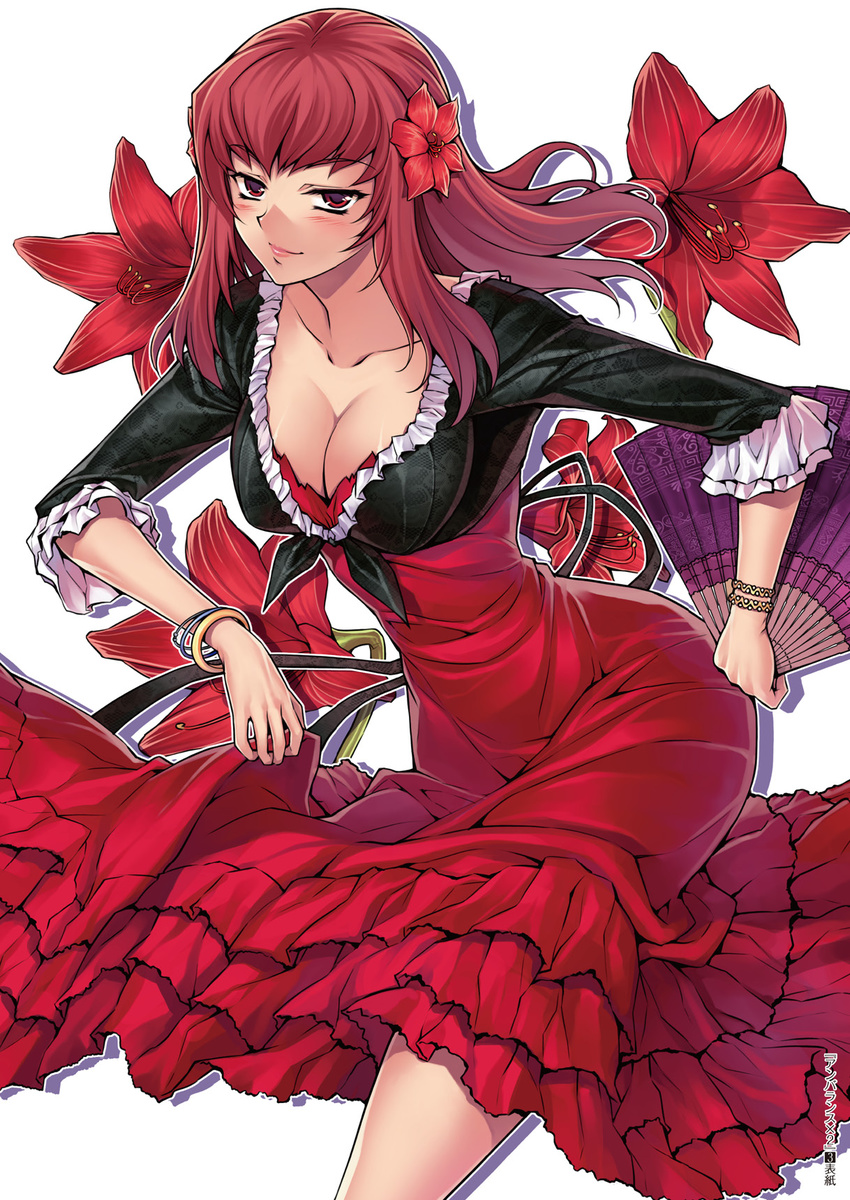 blush bracelet breasts cleavage dress fan flower folding_fan hair_flower hair_ornament highres jewelry large_breasts leaning_forward lips long_hair looking_at_viewer park_jae-kyung red_dress red_eyes red_hair smirk solo soo-hyon_lee unbalance_unbalance