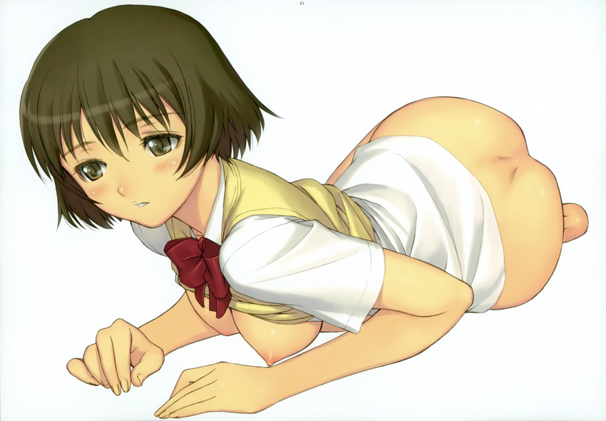 absurdres ass bottomless breasts brown_eyes brown_hair highres kaminagi_ryouko lying medium_breasts nipples on_stomach open_clothes parted_lips shirt_lift short_hair simple_background solo tanaka_takayuki white_background zegapain