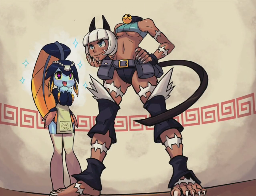 &gt;:) alex_ahad animal_ears apron aqua_eyes bangs bare_shoulders barefoot blunt_bangs bob_cut breasts cat_ears cat_tail crop_top fish_girl from_below hand_on_hip hips lab_zero_games medium_breasts midriff minette_(skullgirls) ms._fortune_(skullgirls) multiple_girls navel official_art scar severed_head short_hair skullgirls smile sparkle standing tail thighhighs toes underboob v-shaped_eyebrows white_hair