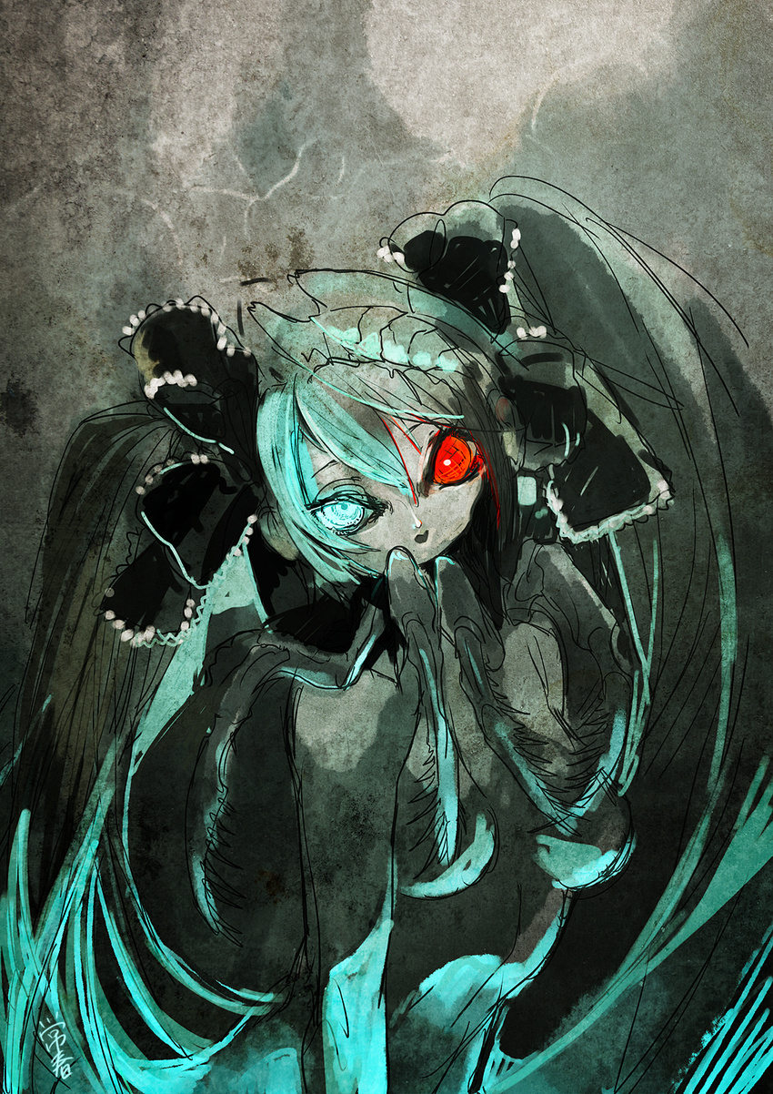 aqua_eyes aqua_hair bad_id bad_pixiv_id bow breasts calne_ca crustacean hair_bow hair_ribbon heterochromia highres horror_(theme) insect_girl isopod looking_at_viewer mandibles mogusa_tsuneharu monster_girl nude red_eyes ribbon saikin_osen_-_bacterial_contamination_-_(vocaloid) small_breasts twintails vocaloid