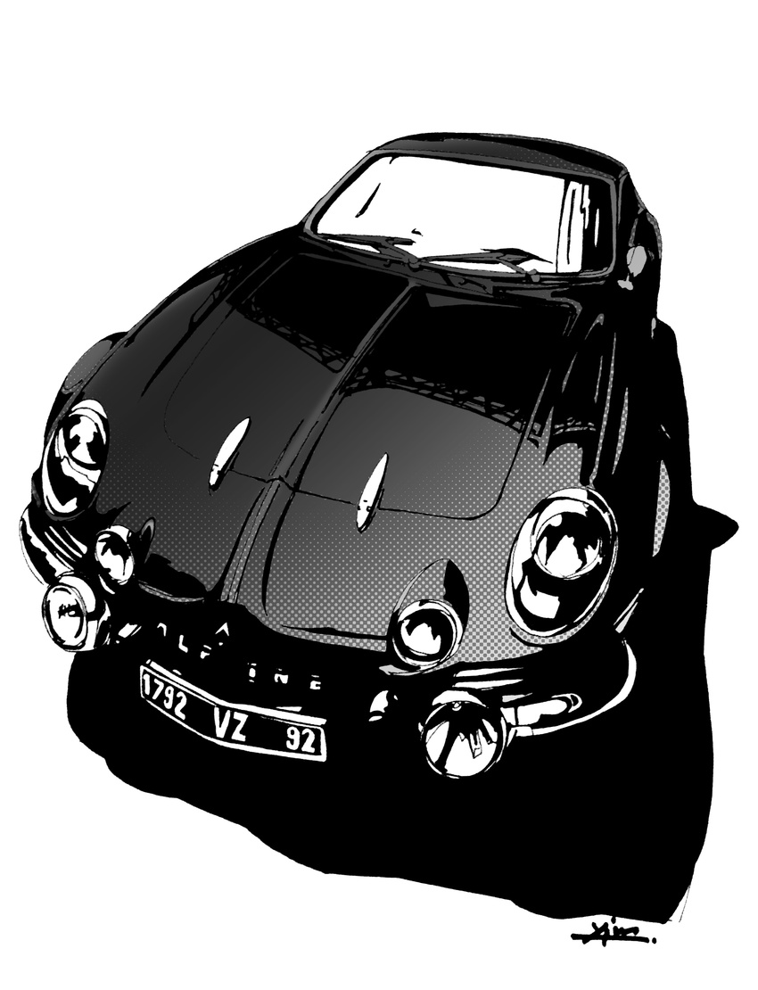 car greyscale ground_vehicle highres license_plate monochrome motor_vehicle no_humans renault renault_alpine_a110 yajima