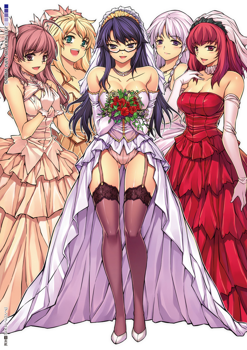 ahoge bare_shoulders black_legwear blonde_hair breasts caroline cleavage dress elbow_gloves eun_ami garter_straps glasses gloves green_eyes ha_ji-soo hae-young_na highres lace lace-trimmed_thighhighs large_breasts long_hair looking_at_viewer multiple_girls park_jae-kyung purple_eyes purple_hair red_dress red_eyes red_hair showgirl_skirt silver_hair smile soo-hyon_lee thighhighs twintails unbalance_unbalance veil wedding_dress white_gloves