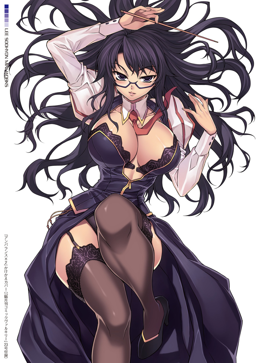 black_bra black_hair black_legwear black_panties bra breasts cleavage garter_straps glasses hae-young_na high_heels highres lace lace-trimmed_thighhighs large_breasts lingerie lips long_hair looking_at_viewer necktie panties pointer puffy_sleeves purple_eyes shoes slender_waist solo soo-hyon_lee thighhighs unbalance_unbalance underwear wand