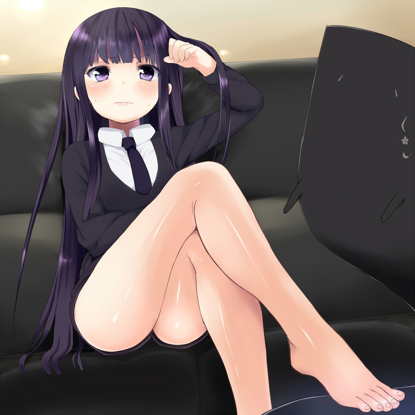 arm_up bad_id bad_pixiv_id bare_legs barefoot blush couch crossed_legs feet hair_flip hand_in_hair highres inu_x_boku_ss ittan_momen jacket legs long_hair long_legs necktie pokachu purple_eyes purple_hair shiny shiny_skin shirakiin_ririchiyo shirt shorts sitting sorinozuka_renshou toes