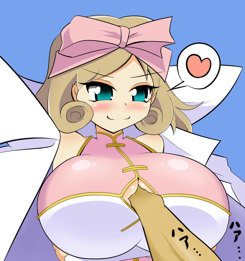 1girl artist_request blush bow breast_grab breasts character_request cleavage grabbing halubato hand hands harubato haruka_(senran_kagura) heart highres huge_breasts senran_kagura smile