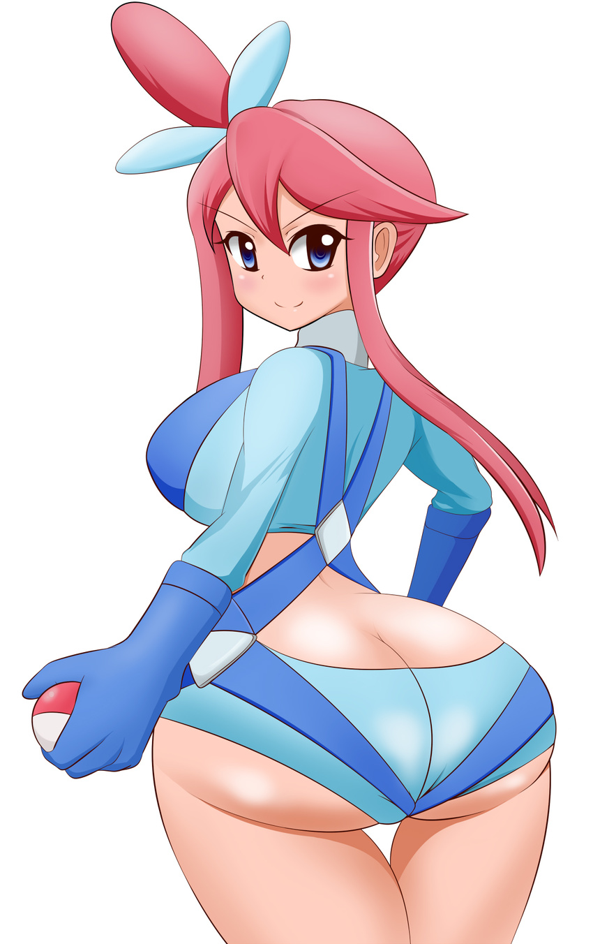 1girl artist_request ass blush breasts butt_crack cleavage from_behind fuuro_(pokemon) gym_leader halubato harubato highres huge_ass looking_back pokemon smile solo