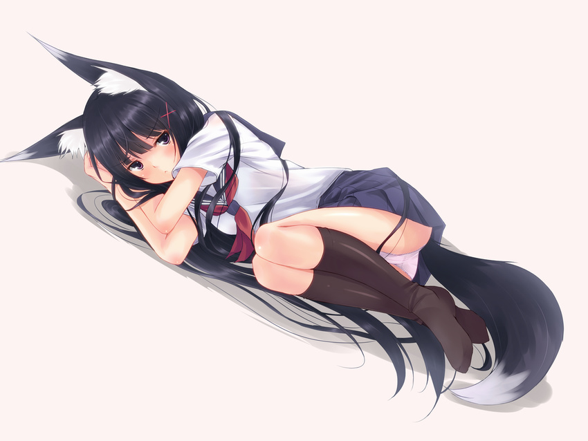 :&lt; animal_ears arm_pillow ass black_hair black_legwear hair_ornament hairclip kneehighs legs_together long_hair lying on_side original panties pleated_skirt school_uniform second_heaven serafuku simple_background skirt solo tail underwear very_long_hair white_panties