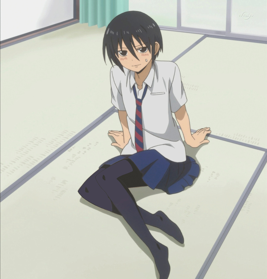 1boy animated animated_gif black_hair black_legwear blush bounce bra crossdressing danshi_koukousei_no_nichijou genderswap gif long_hair necktie open_shirt ponytail school_uniform short_hair sitting skirt socks solo tadakuni_(danshi_kokosei_no_nichijou) trap