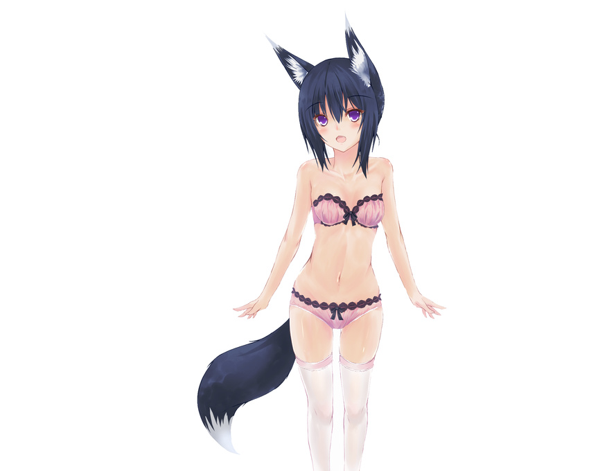 animal_ears black_hair bra fang foxgirl original panties photoshop purple_eyes second_heaven tail underwear white