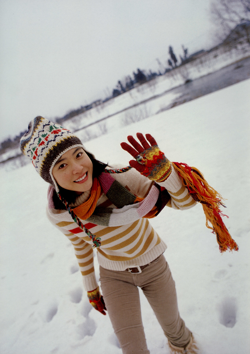 absurdres boots denim fur_boots furry_boots gloves highres jeans juri_first knit_hat pants photo scarf snow sweater ueno_juri