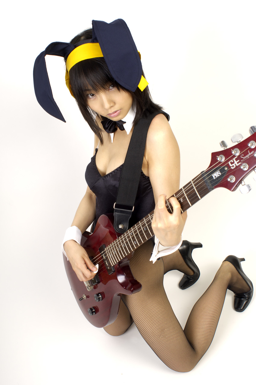 animal_ears asian bow bowtie bunny_ears bunny_girl cosplay costume fishnet_legwear fishnet_stockings fishnets guitar hair_ribbon hair_ribbons highres instrument legwear leotard matsunaga_ayaka photo real ribbon suzumiya_haruhi suzumiya_haruhi_no_yuuutsu thighhighs