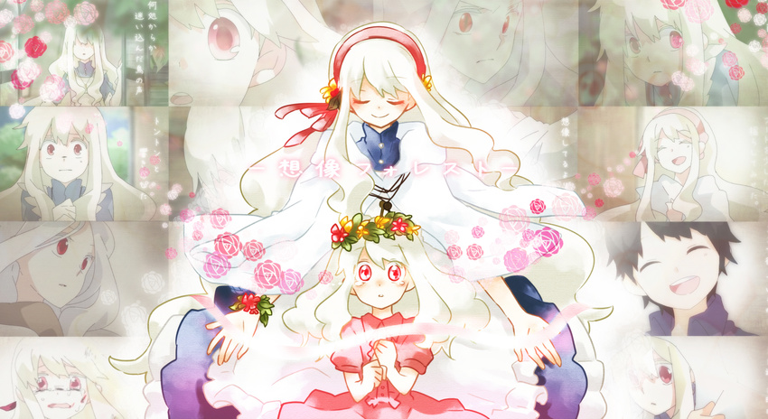 age_difference blonde_hair dress flower hair_flower hair_ornament hair_ribbon hairband head_wreath highres jewelry kagerou_project key kozakura_marry kozakura_shion long_hair mother_and_daughter multiple_girls necklace red_eyes ribbon seto_kousuke smile souzou_forest_(vocaloid) tears very_long_hair vocaloid wannyanpu