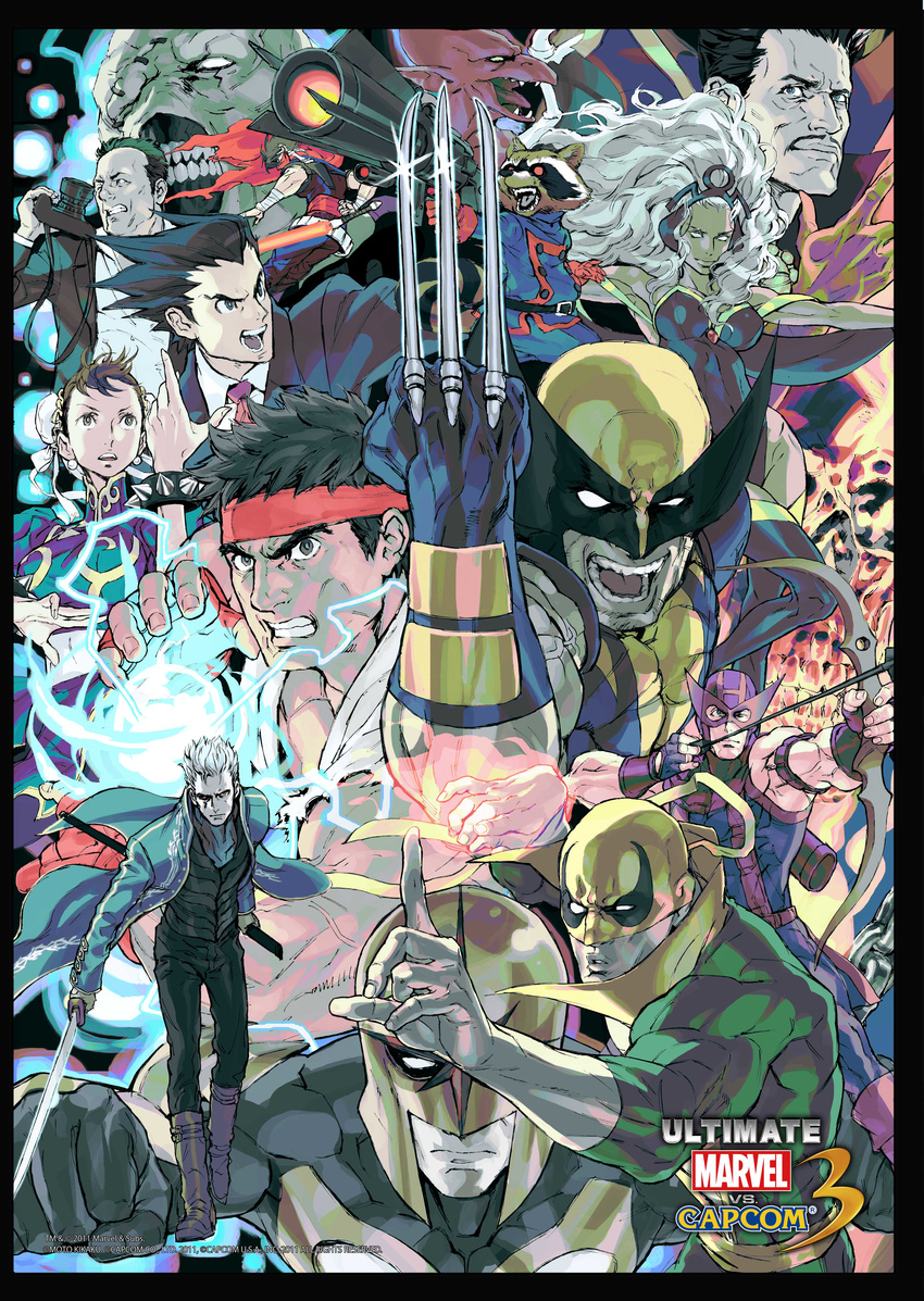 6+boys absurdres angry arrow big_hair black_hair boots bow_(weapon) bracelet brown_eyes brown_hair bun_cover camera capcom cape china_dress chinese_clothes chun-li claw_(weapon) clint_barton coat dark_skin dead_rising doctor_strange double_bun dress earrings facial_hair fingerless_gloves fire frank_west ghost_rider gloves gun gyakuten_saiban hair_bun hawkeye_(marvel) headband headdress highres iron_fist_(marvel) jewelry long_coat long_hair looking_at_viewer makaimura marvel marvel_vs._capcom marvel_vs._capcom_3 mask multiple_boys multiple_girls muscle mustache naruhodou_ryuuichi necktie nemesis nishimura_kinu nova_(marvel) one_eye_closed raccoon red_arremer resident_evil rocket_raccoon ryuu_(street_fighter) scarf short_hair skin_tight spiked_bracelet spiked_hair spikes storm_(x-men) street_fighter strider_(video_game) strider_hiryuu sword thigh_boots thighhighs vergil vest weapon white_hair wolverine x-men