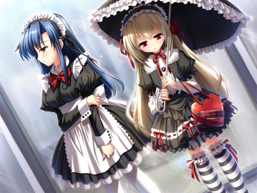 blonde_hair blue_hair character_request game_cg garters hair_ribbon hairband happy_wardrobe headdress juliet_sleeves lolita_fashion lolita_hairband long_hair long_sleeves maid maid_headdress morinaga_yukimi multiple_girls parasol puffy_sleeves red_eyes ribbon ribbon-trimmed_clothes ribbon-trimmed_ornament ribbon_trim sasahiro skirt striped striped_legwear thighhighs umbrella white_legwear yellow_eyes