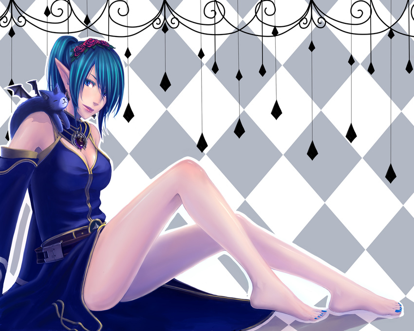 argyle argyle_background bare_legs bare_shoulders barefoot belt blue_eyes blue_hair cat character_request colored_eyelashes creature demon_wings detached_sleeves earrings flower hair_ornament highres jewelry konoe3 legs light_smile lipstick makeup master_of_epic nail_polish pointy_ears rose sitting solo wings