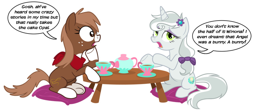 alpha_channel bow brown_hair cup cutie_mark dialog english_text equestria-prevails equine female feral friendship_is_magic green_eyes hair horn horse mammal my_little_pony opalescence_(mlp) pillow plain_background pony table tea teacup teapot text transparent_background unicorn white_hair winona_(mlp)