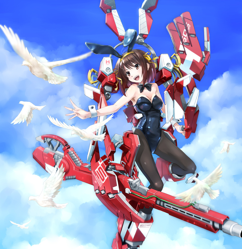 animal_ears bare_shoulders bird black_legwear bow bowtie breasts brown_eyes brown_hair bunny_ears bunnysuit cleavage cloud day fake_animal_ears flying hair_ribbon highres mecha_musume medium_breasts open_mouth pantyhose ribbon short_hair sky solo suzumiya_haruhi suzumiya_haruhi_no_yuuutsu wrist_cuffs yone