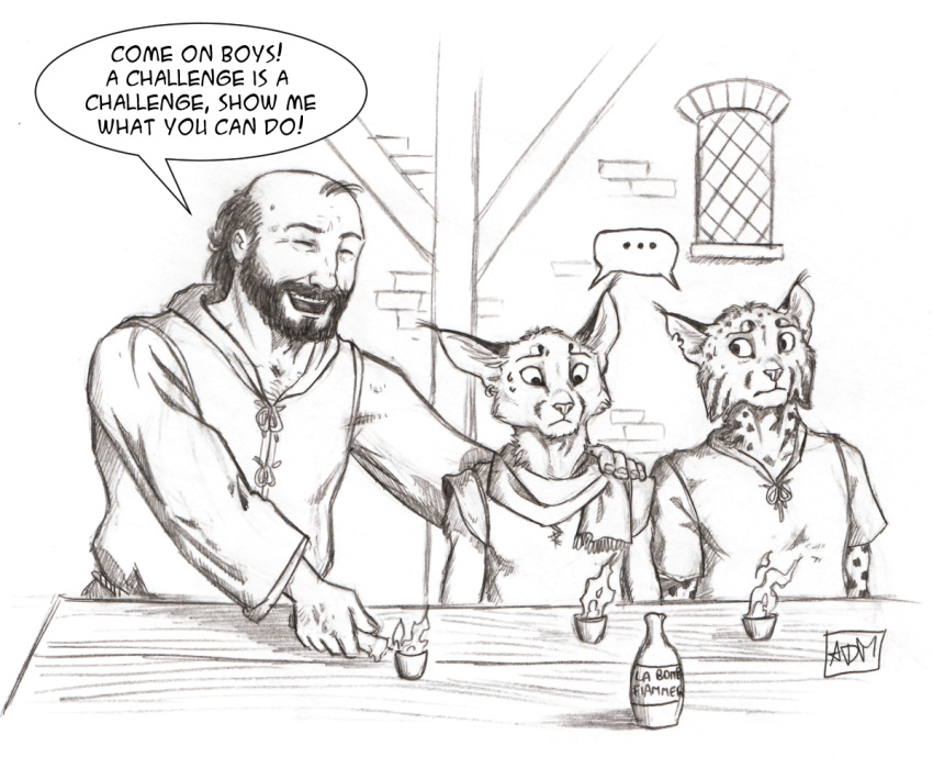 0laffson 2018 alcohol anthro beard beverage caracal clothed clothing digital_media_(artwork) drinks ear_tuft eyes_closed facial_hair feline female fire fur group human kari_(0laffson) lynx male mammal medieval shadi_(0laffson) shots sketch smile spots spotted_fur table tavern traditional_media_(artwork) tuft young