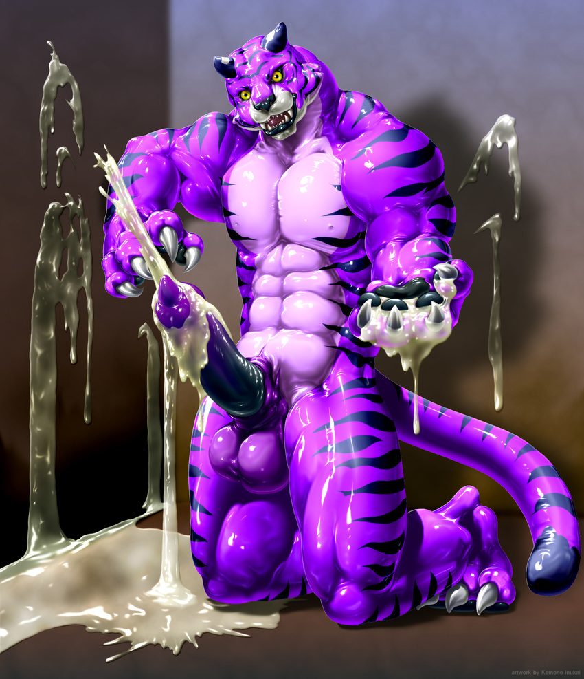 balls biceps big big_balls big_penis cum cum_pool cumshot excessive_cum feline fur hyper kemono_inukai latex male mammal muscles nipples orgasm pecs penis purple purple_fur rubber solo tiger