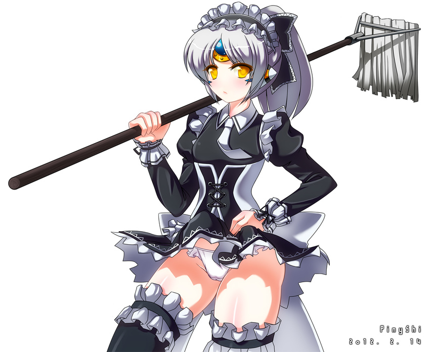 alternate_costume black_legwear corset elsword enmaided eve_(elsword) expressionless frills long_hair maid maid_headdress mop necktie panties pinyshi ponytail skirt skirt_lift solo thighhighs underwear white_background white_hair white_panties yellow_eyes