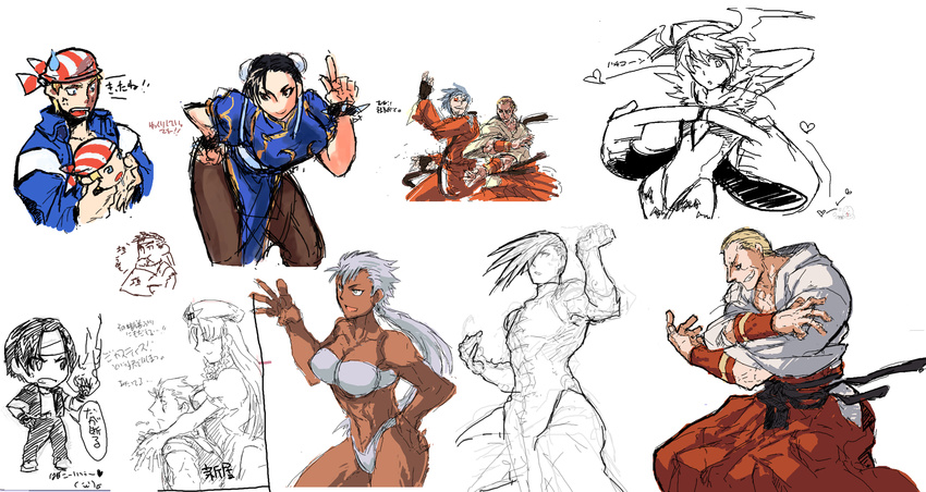 6+boys abs alternate_hairstyle bikini billy_kane brown_legwear character_doll chibi china_dress chinese_clothes chun-li collage couple crossover dougi dress fatal_fury geese_howard genderswap genderswap_(mtf) head_wings hetero highres hong_meiling itkz_(silentknight) krizalid kusanagi_kyou leaning_forward lilith_aensland m.u.g.e.n multiple_boys multiple_girls muscle muscular_female one_eye_closed pantyhose pelvic_curtain print_legwear rugal_bernstein ryuu_(street_fighter) sketch street_fighter street_fighter_iii_(series) swimsuit the_king_of_fighters touhou vampire_(game) white_bikini white_swimsuit yang_lee yukkuri_shiteitte_ne