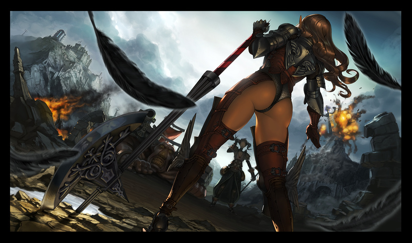 armor ass axe back battlefield boots brown_hair castle chainmail cloud elf explosion fantasy_earth_zero feathers fire greaves grin highres horns kanda_(ura-kanda) legs long_hair original planted_weapon pointy_ears ruins shoulder_armor sky smile smoke spaulders weapon windowboxed