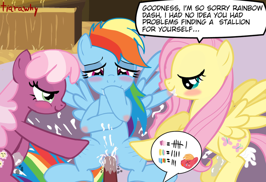 barn big_macintosh_(mlp) blue blue_eyes blush cheerilee_(mlp) cum cum_in_pussy cum_inside cutie_mark dialog english_text equine erection female feral fluttershy_(mlp) friendship_is_magic fur green_eyes grin hair horse long_hair looking_down lying male mammal masturbation messy multi-colored_hair my_little_pony nude on_back pegasus penetration penis pink_hair pony purple purple_eyes purple_fur rainbow_dash_(mlp) rainbow_hair sex smile spread_legs spreading stable stables straight text tiarawhy vaginal vaginal_penetration wing_boner wings yellow yellow_fur