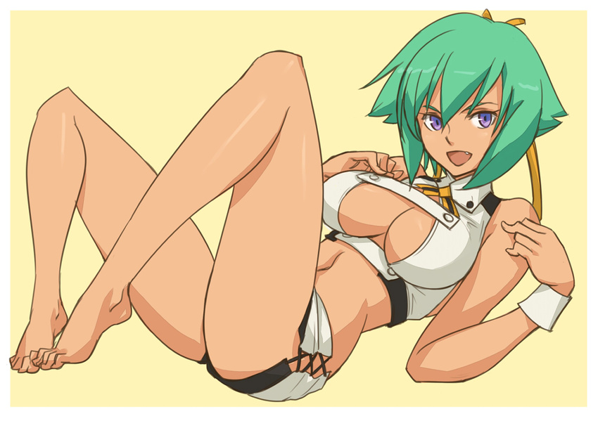 aquarion_(series) aquarion_evol barefoot breasts cleavage cleavage_cutout feet green_hair gus_(clarkii) large_breasts legs midriff navel purple_eyes short_hair short_shorts shorts solo toes zessica_wong