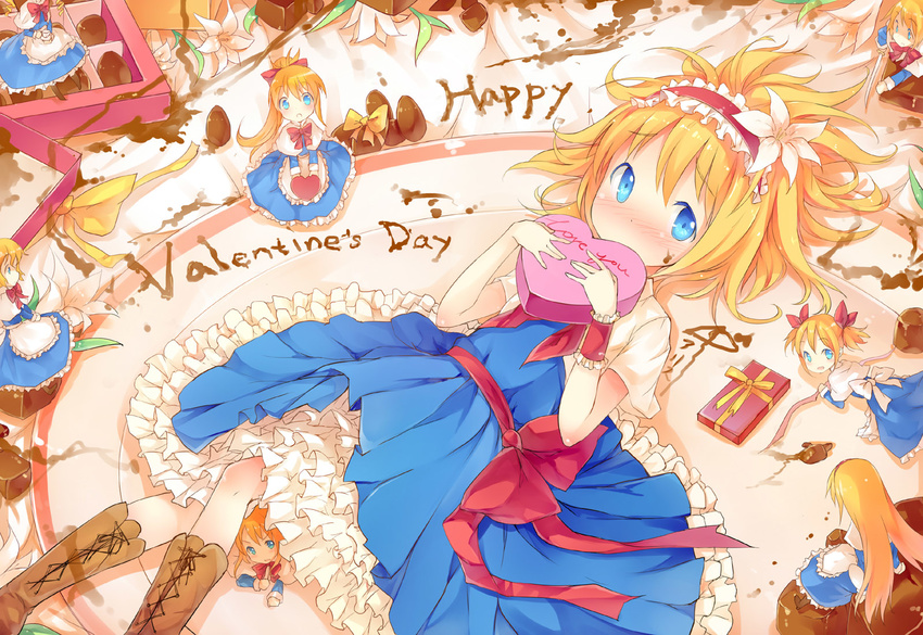 ai_ai_gasa alice_margatroid alternate_hairstyle apron blonde_hair blue_dress blue_eyes boots bow box box_of_chocolates capelet chocolate colored_eyelashes cross-laced_footwear curly_hair doll dress embarrassed english flower fred04142 frilled_skirt frills gift gift_box hair_bow hair_flower hair_ornament hairband happy_valentine heart heart-shaped_box highres holding long_hair looking_at_viewer looking_back lying mattress on_back open_mouth ponytail red_ribbon ribbon sash shanghai_doll short_hair shy sitting skirt solo sword touhou twintails valentine waist_apron weapon wrist_cuffs yellow_ribbon