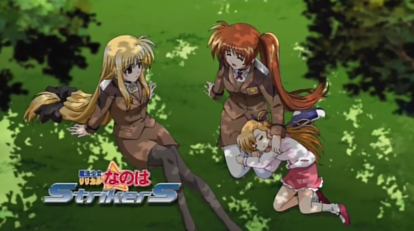 3girls absurdres blonde_hair couple family fate_testarossa grass happy highres looking_at_another lying lyrical_nanoha mahou_shoujo_lyrical_nanoha mahou_shoujo_lyrical_nanoha_strikers military military_uniform multiple_girls orange_hair pantyhose red_eyes screencap shadow sitting sleeping smile stockings takamachi_nanoha title trees uniform vivio watermark yuri