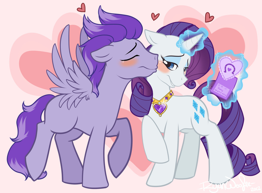 &hearts; &lt;3 blue_eyes blush card couple cutie_mark duo equine female feral friendship_is_magic fur hair holidays horn horse kissing long_hair magic makeup male mammal my_little_pony necklace pegasus pony purple purple_fur purple_hair rarity_(mlp) ryunwoofie standing unicorn valentine's_day valentine's_day white white_fur wings