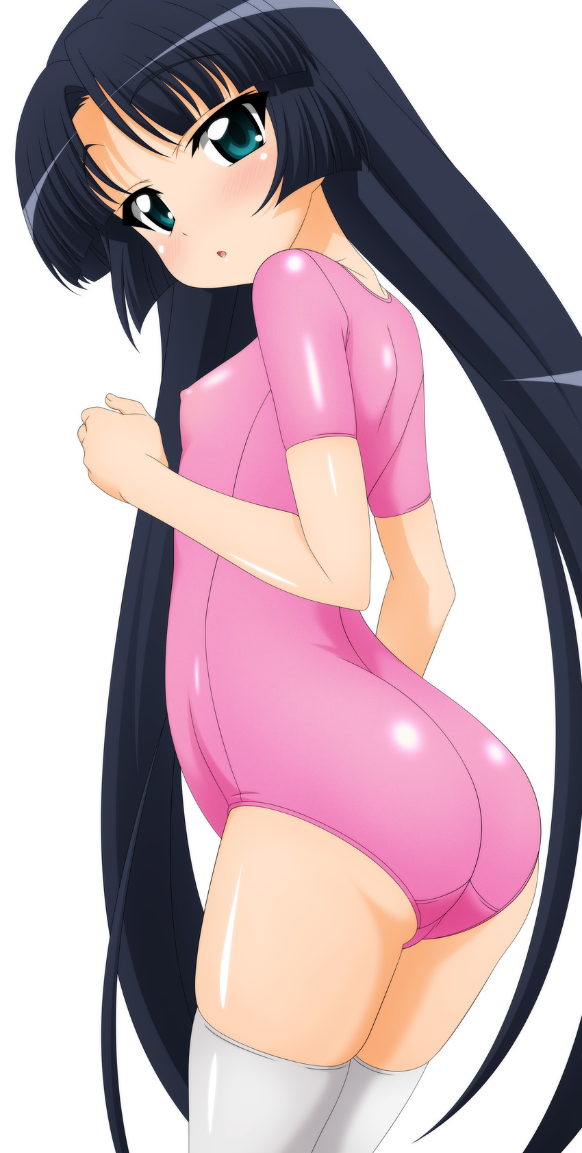 absurdres ass black_hair blush covered_nipples elizabetta flat_chest from_behind fushigiboshi_no_futago_hime green_eyes highres leotard long_hair looking_back pink_leotard solo sugimura_tomokazu thighhighs very_long_hair