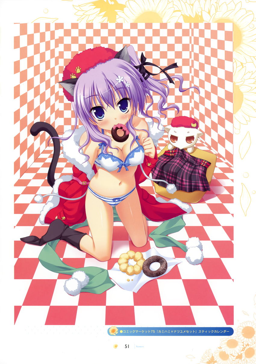 absurdres animal_ears black_legwear blue_eyes blush bow bow_bra bow_panties bra breasts cat_ears cat_tail checkered checkered_background checkered_floor cleavage covered_nipples creature doughnut food hair_ornament hat highres kneeling leaning_forward lingerie long_hair looking_at_viewer medium_breasts mihama_hitsuji moribe_(rabumanyo) natsu_yume_nagisa navel no_shoes panties paw_print plaid plaid_skirt ponytail purple_hair scan scarf side_ponytail skirt solo striped striped_panties sweatdrop tail thighhighs underwear underwear_only undressing white_bra